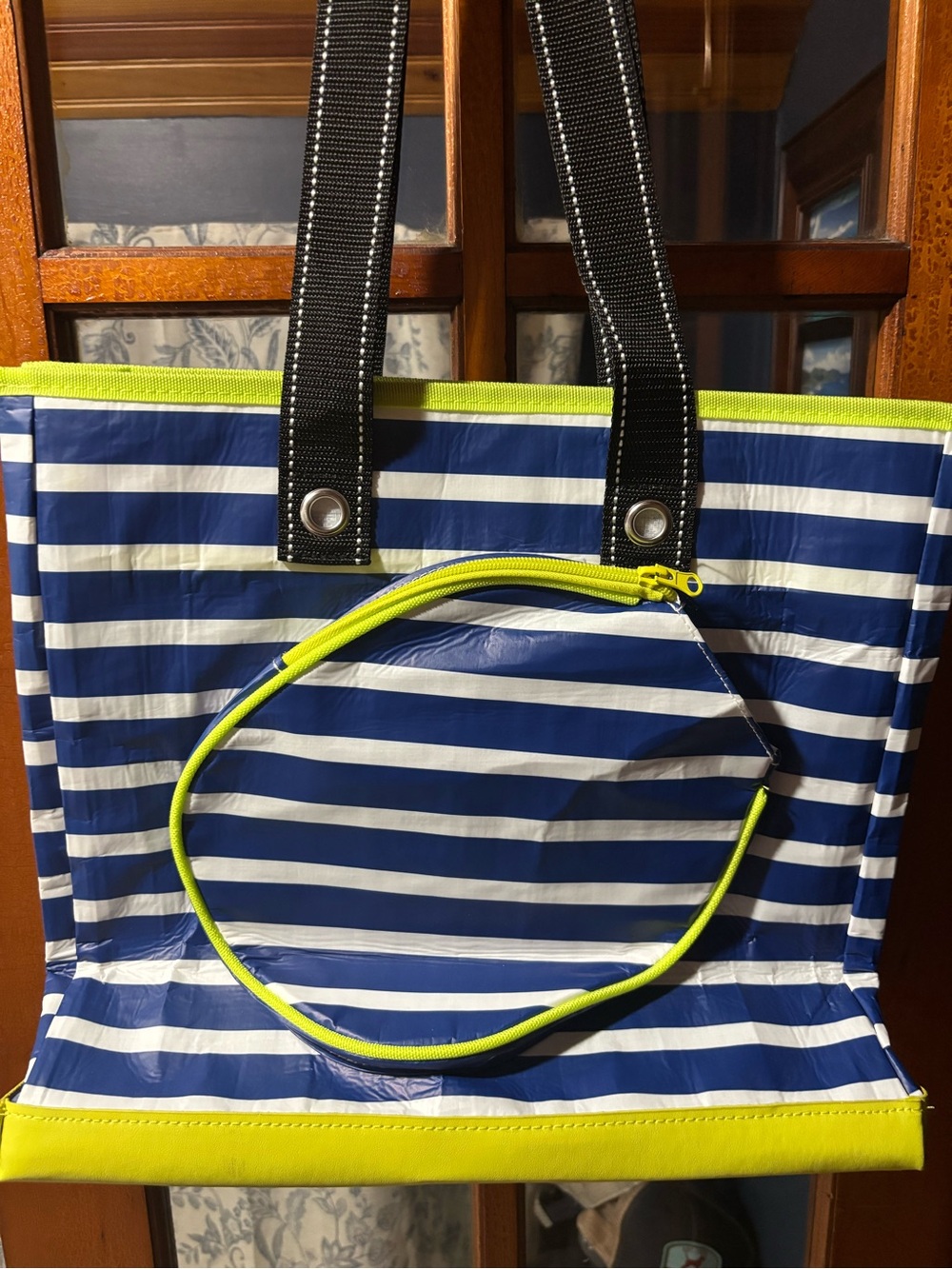 Scout pickle ball Striped Tote in Blue, White and Lime - Picture 4 of 5